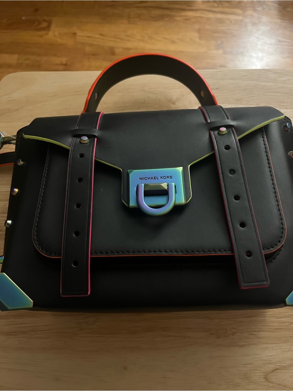 Michael Kors Black Leather School Satchel with Iridescent Trim